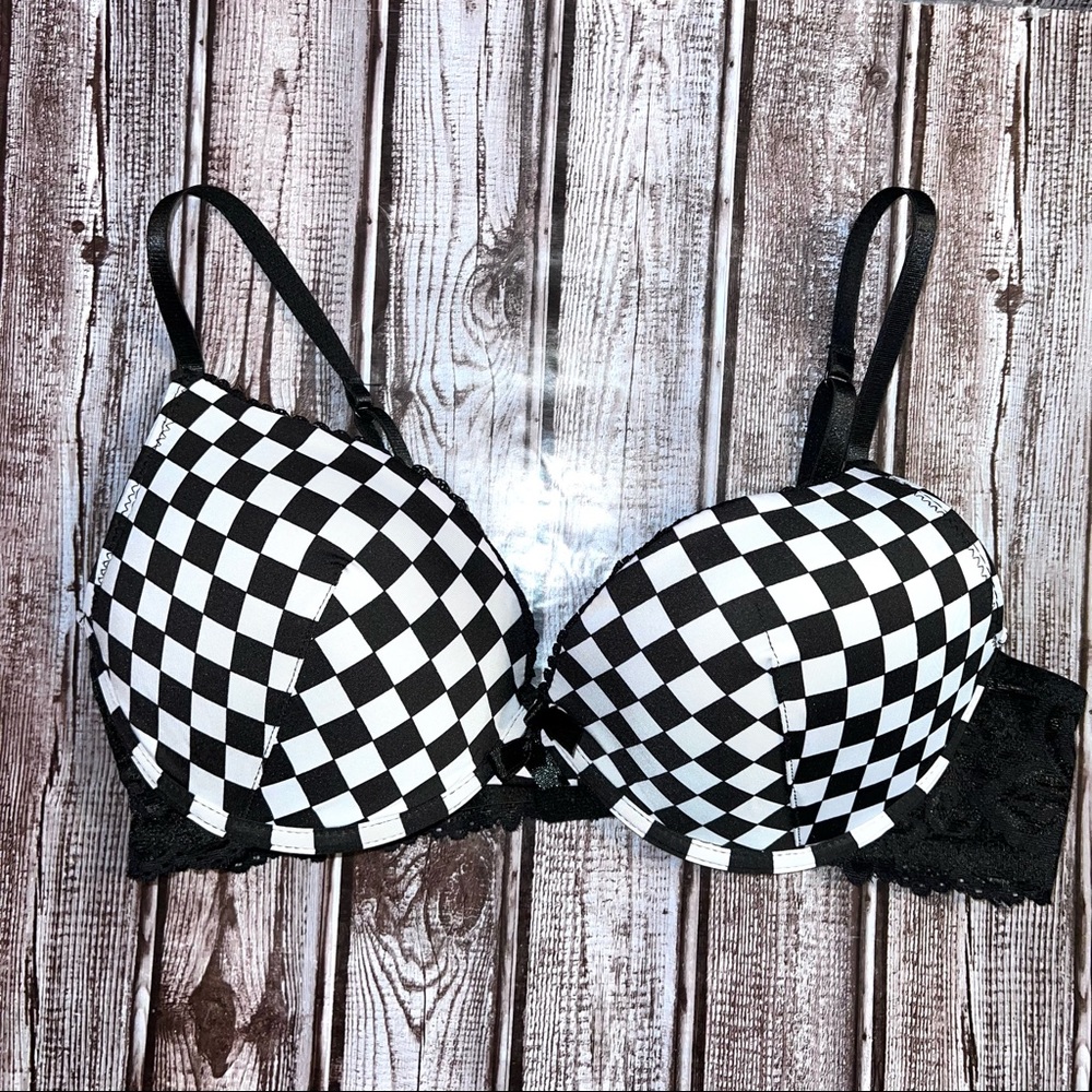 LOVEsick Bra Black and White Checkered Lace Strap 36D Adjustable Straps